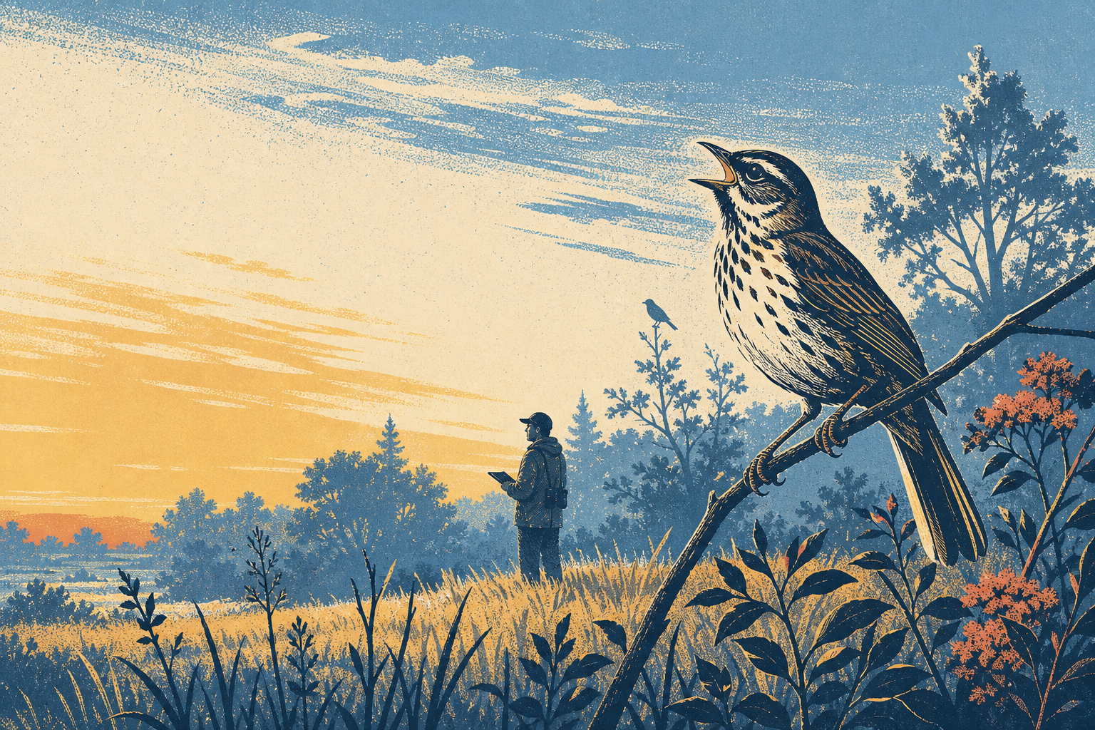 Screenprint illustration of a singing bird above a field observer conducting a dawn point count.
