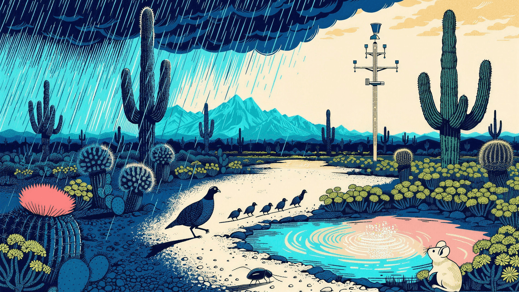 Vintage screen-print of a desert monsoon: an indigo storm curtain drops teal rain on the left while a Gambel's quail leads its chicks along a wet wash toward a fresh rain pool where a small mouse waits, beneath saguaros and a slender weather-instrument mast in the returning cream-gold light.