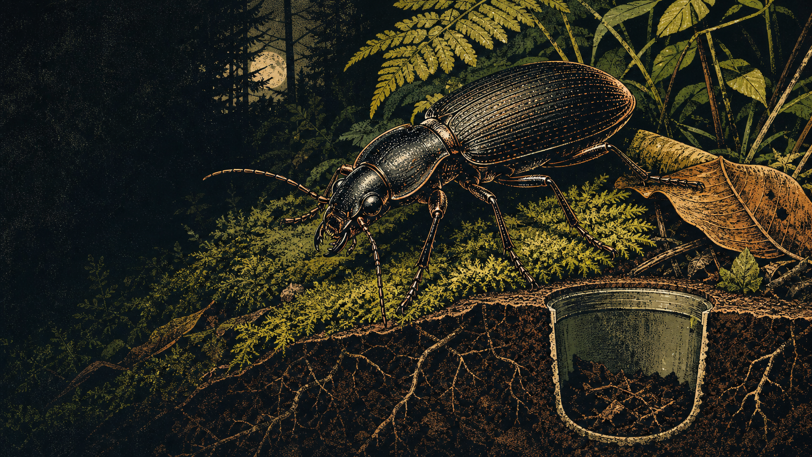 Editorial screenprint of a ground beetle crossing moss and leaf litter beside a pitfall trap embedded in a forest-floor cutaway.