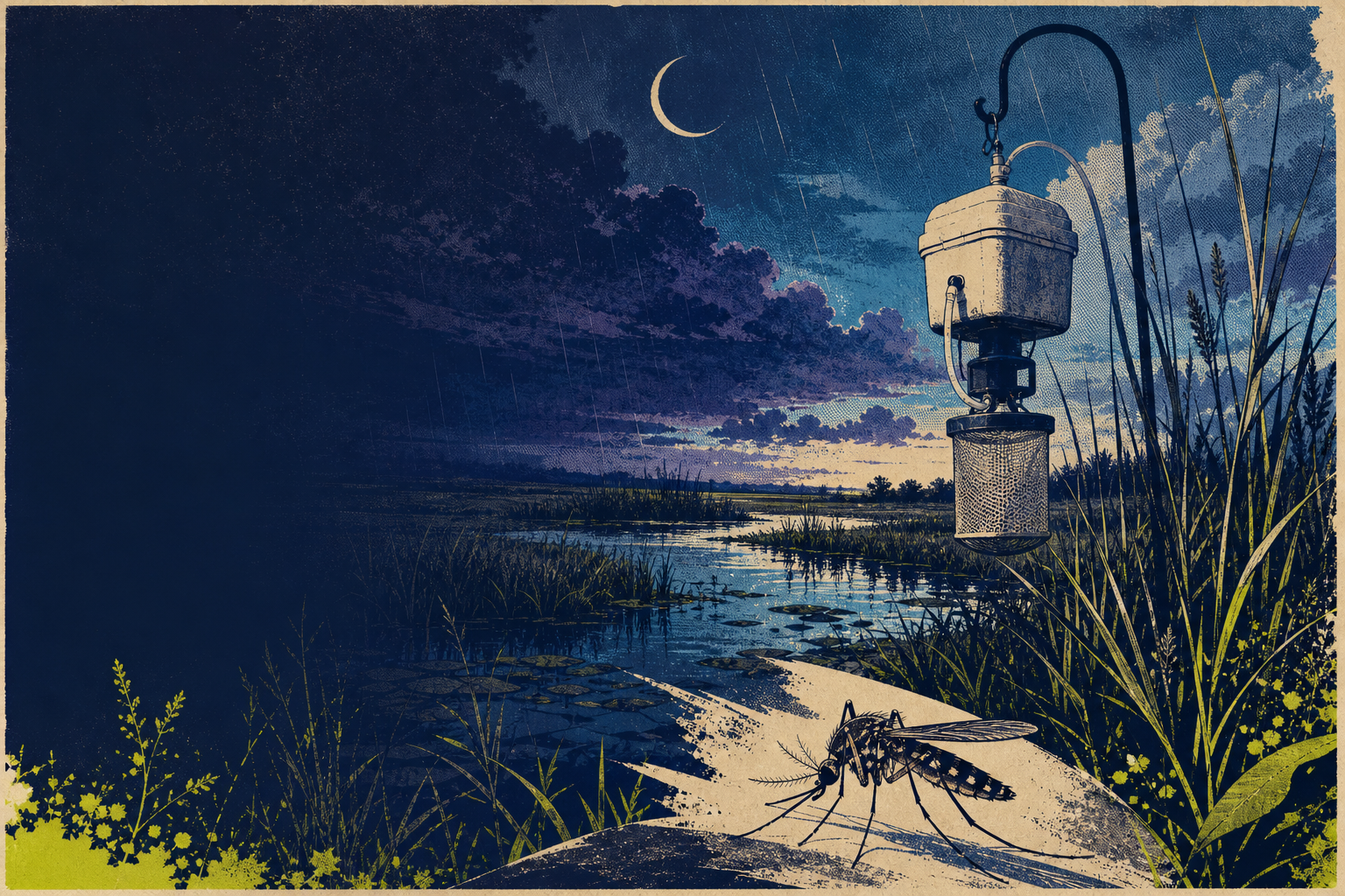 Screenprint illustration of a mosquito beside a moonlit wetland and an unlit CO2 fan trap with cooler, hose, fan, and catch cup.