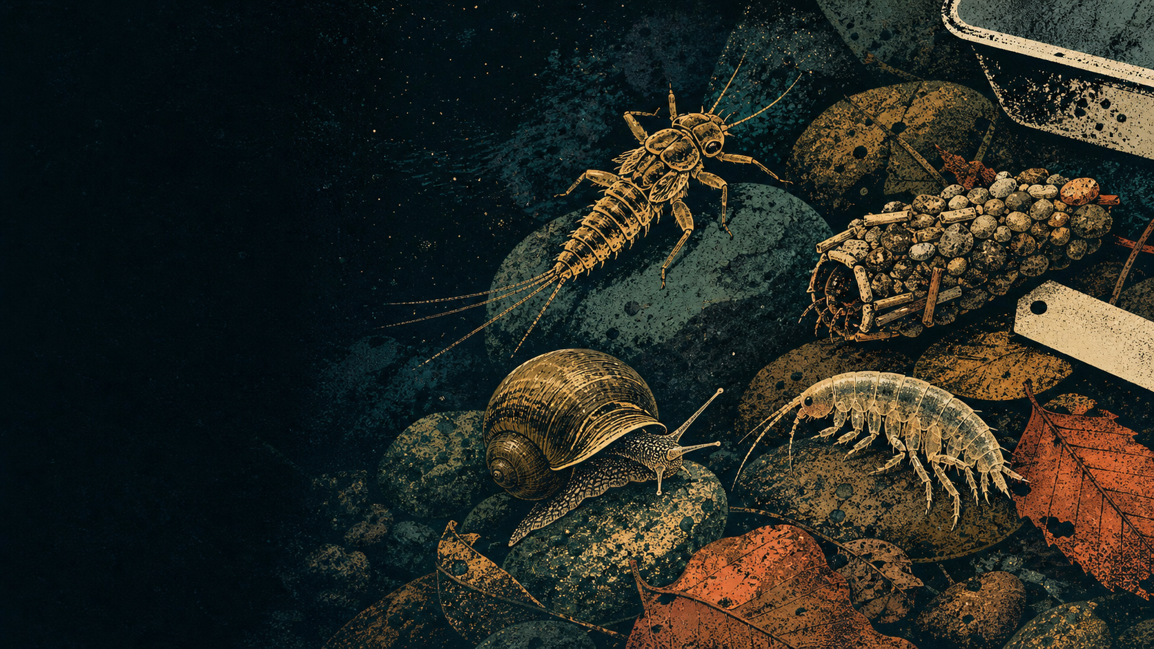 Editorial screenprint of a mayfly nymph, a case-bearing caddisfly larva, a freshwater snail, and an aquatic crustacean among submerged stones and leaves beside field tags.