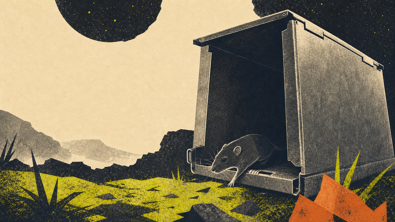 Editorial screenprint of a small nocturnal mouse emerging from an oversized metal box live trap beneath a starry sky.
