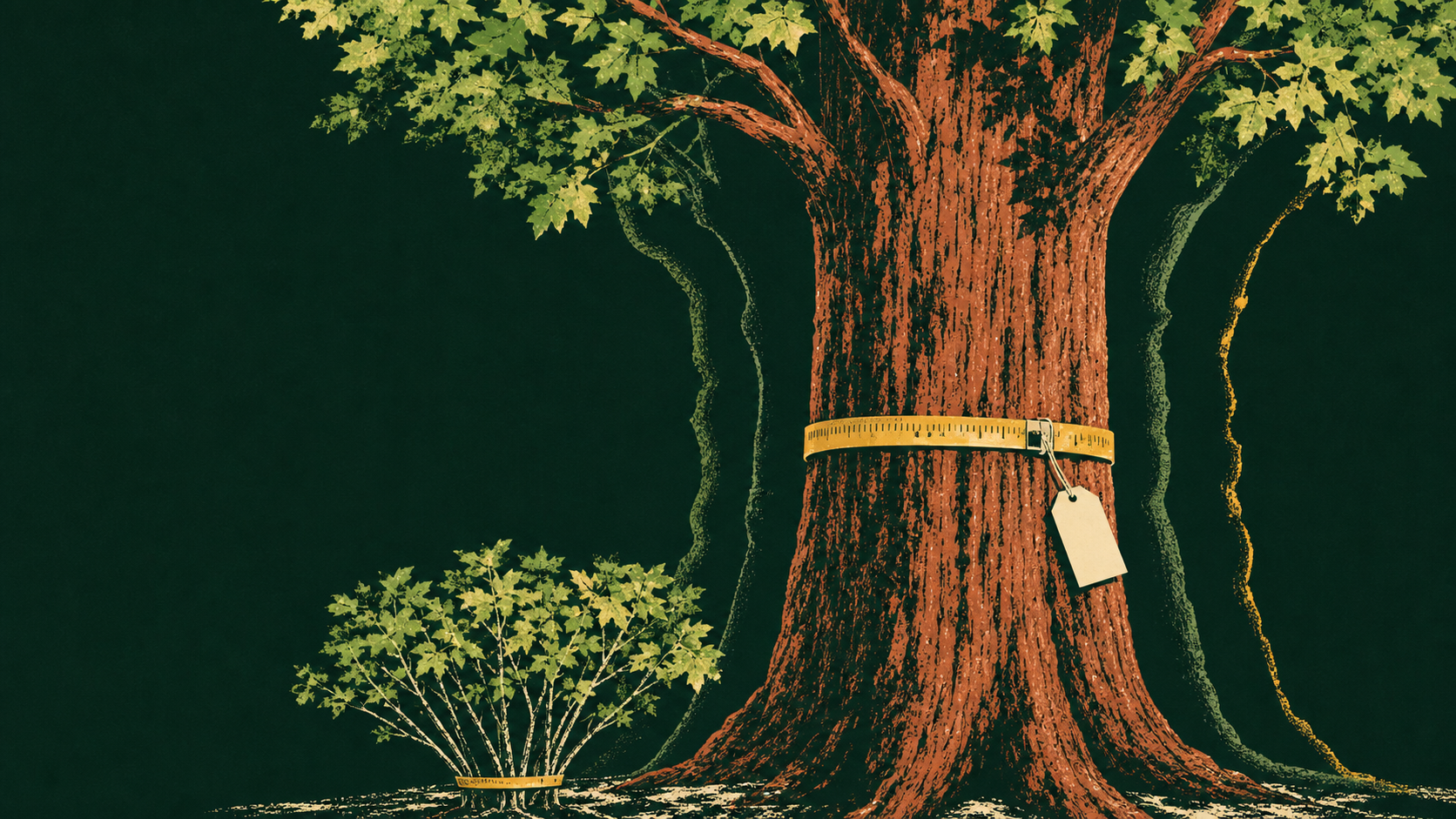 Editorial screenprint of a tagged tree with a diameter tape at breast height and a smaller shrub measured at its base.