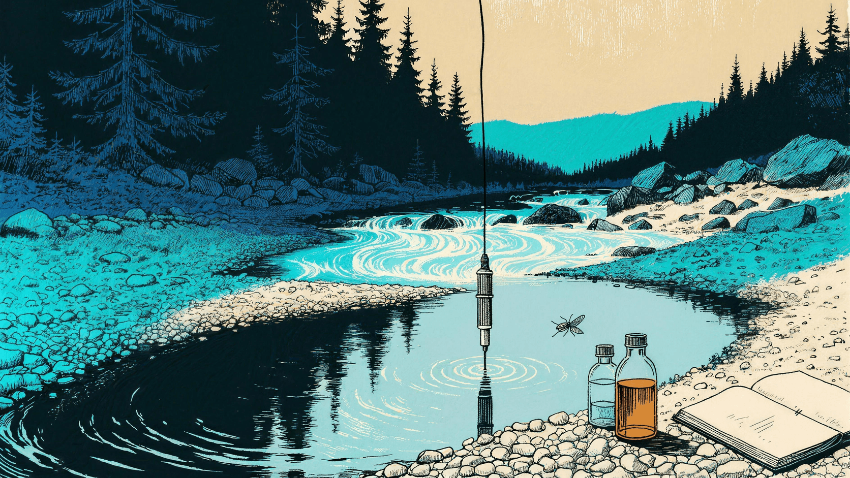 Vintage screen-print of a clear stream: a scientific sensor probe on a cable hangs into a sunlit pool ringed by ripples, sample bottles rest on the gravel bank, dark forest shadows the left side while warm cream morning light opens on the right.